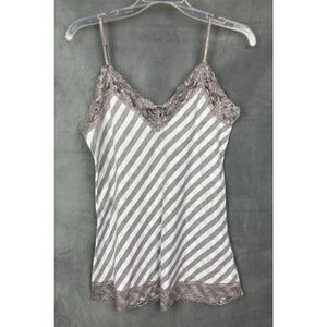VTG Hot Tempered Striped Lace Trim Fitted Tank Top Womens Large Gray/White Y2K